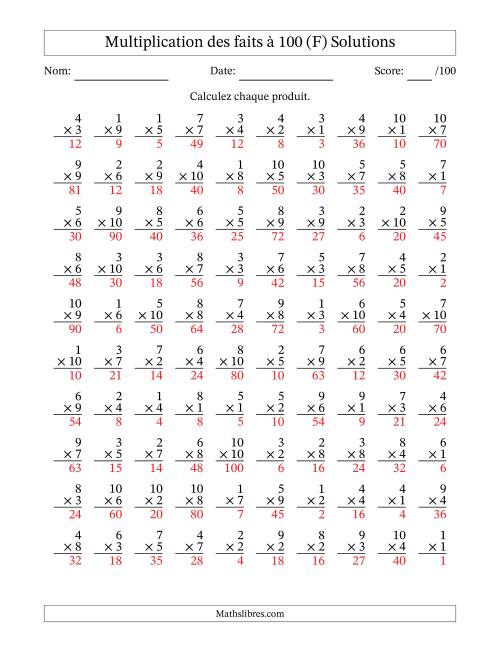 Multiplication des faits à 100 (100 Questions) (Pas de zéros) (F) page 2