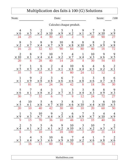 Multiplication des faits à 100 (100 Questions) (Pas de zéros) (G) page 2
