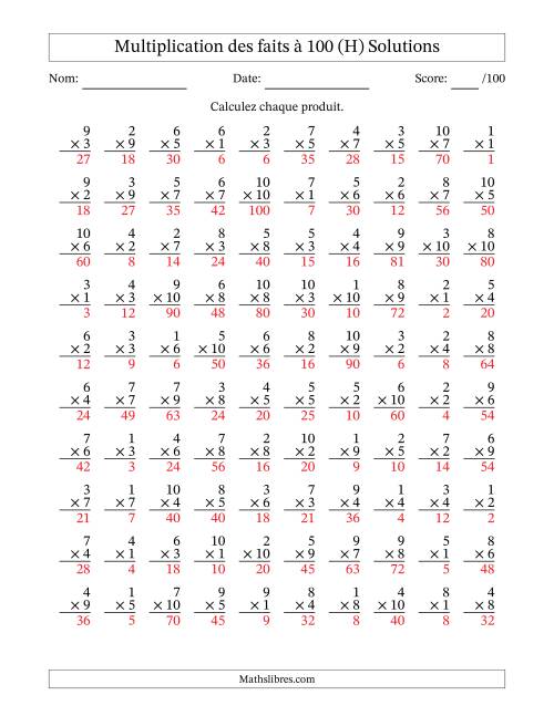 Multiplication des faits à 100 (100 Questions) (Pas de zéros) (H) page 2