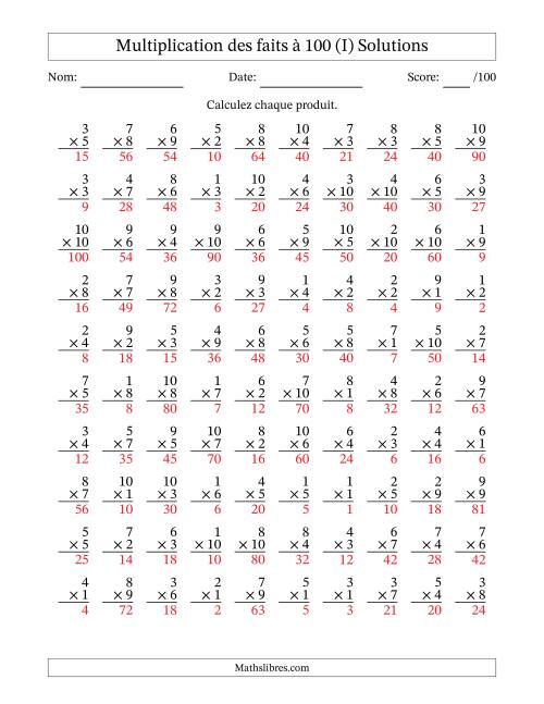 Multiplication des faits à 100 (100 Questions) (Pas de zéros) (I) page 2