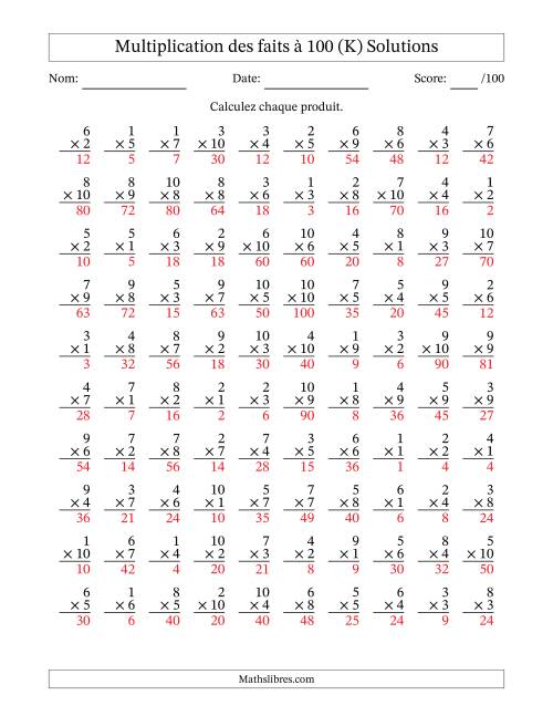 Multiplication des faits à 100 (100 Questions) (Pas de zéros) (K) page 2