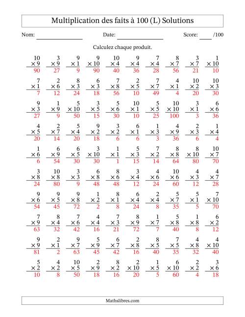 Multiplication des faits à 100 (100 Questions) (Pas de zéros) (L) page 2