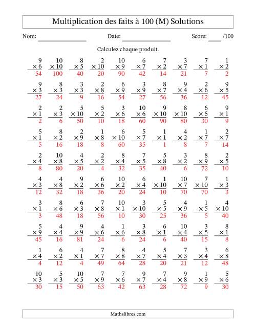 Multiplication des faits à 100 (100 Questions) (Pas de zéros) (M) page 2