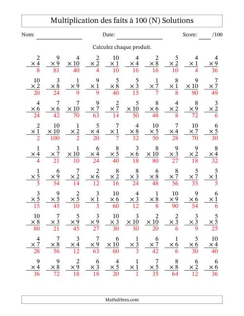 Multiplication des faits à 100 (100 Questions) (Pas de zéros) (N) page 2