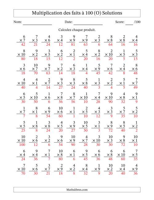 Multiplication des faits à 100 (100 Questions) (Pas de zéros) (O) page 2