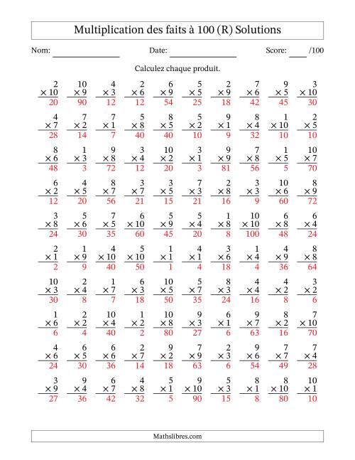 Multiplication des faits à 100 (100 Questions) (Pas de zéros) (R) page 2