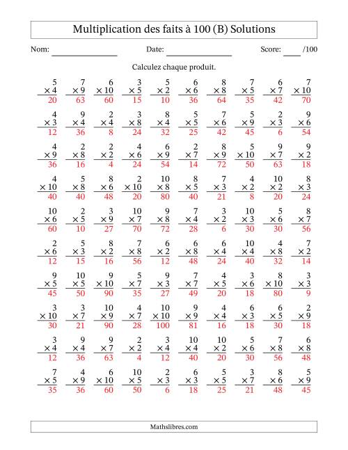 Multiplication des faits à 100 (100 Questions) (Pas de zéros ni de uns) (B) page 2