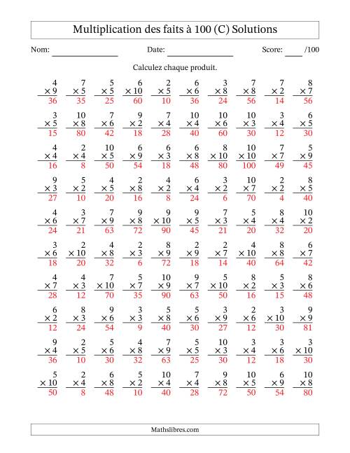 Multiplication des faits à 100 (100 Questions) (Pas de zéros ni de uns) (C) page 2