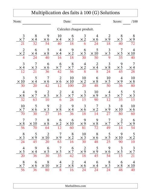 Multiplication des faits à 100 (100 Questions) (Pas de zéros ni de uns) (G) page 2