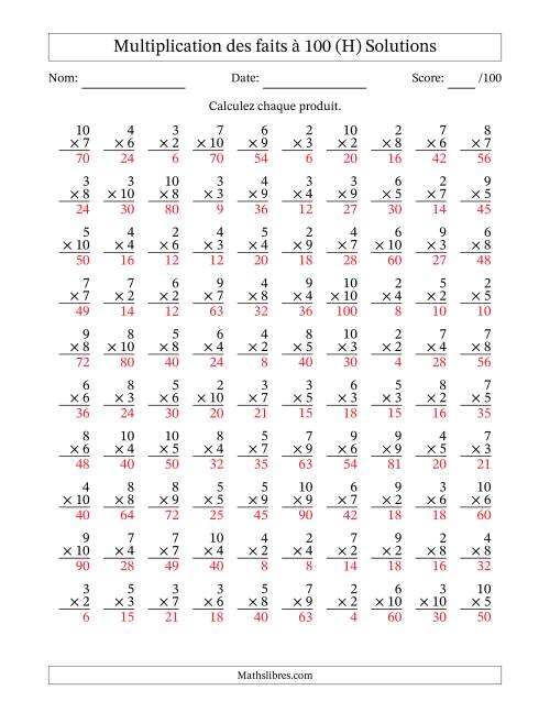Multiplication des faits à 100 (100 Questions) (Pas de zéros ni de uns) (H) page 2