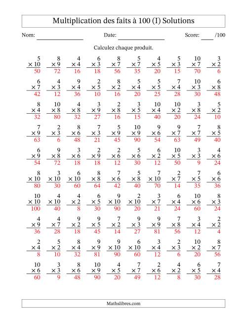 Multiplication des faits à 100 (100 Questions) (Pas de zéros ni de uns) (I) page 2
