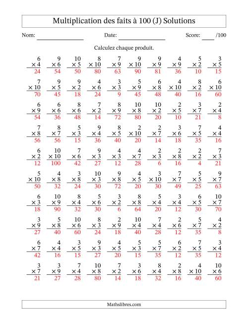 Multiplication des faits à 100 (100 Questions) (Pas de zéros ni de uns) (J) page 2