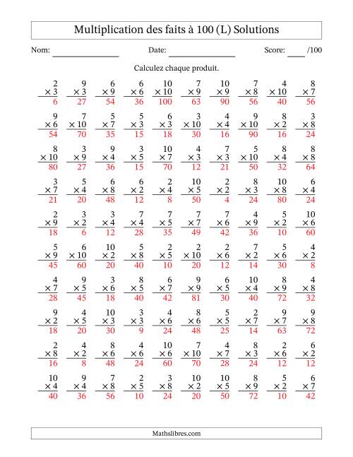 Multiplication des faits à 100 (100 Questions) (Pas de zéros ni de uns) (L) page 2