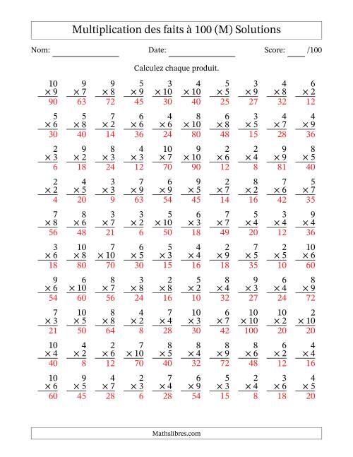 Multiplication des faits à 100 (100 Questions) (Pas de zéros ni de uns) (M) page 2