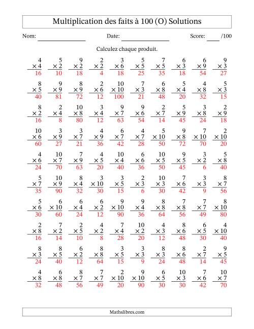 Multiplication des faits à 100 (100 Questions) (Pas de zéros ni de uns) (O) page 2