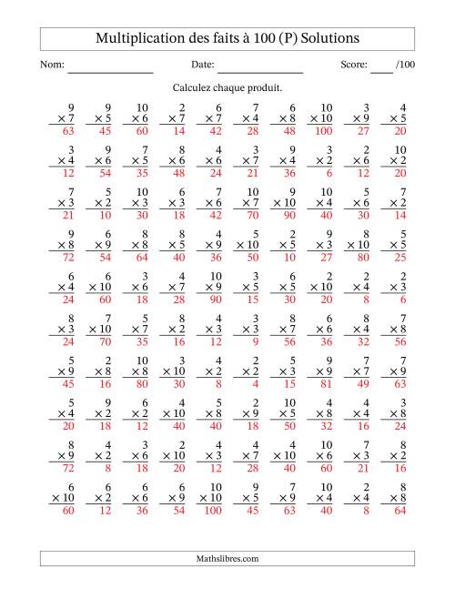 Multiplication des faits à 100 (100 Questions) (Pas de zéros ni de uns) (P) page 2