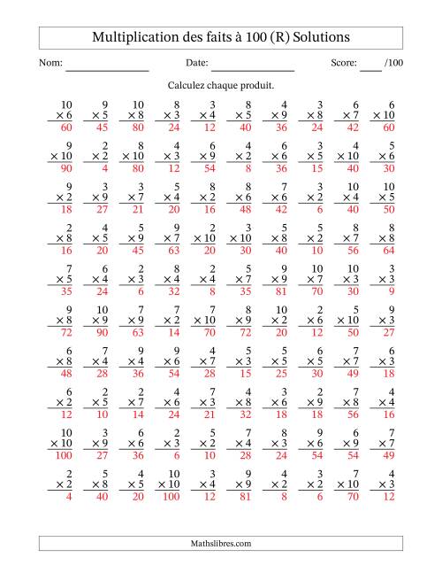 Multiplication des faits à 100 (100 Questions) (Pas de zéros ni de uns) (R) page 2