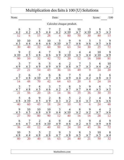 Multiplication des faits à 100 (100 Questions) (Pas de zéros ni de uns) (U) page 2