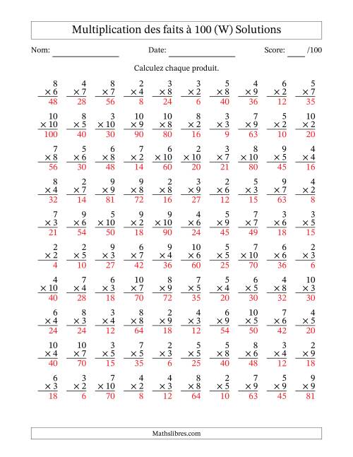 Multiplication des faits à 100 (100 Questions) (Pas de zéros ni de uns) (W) page 2