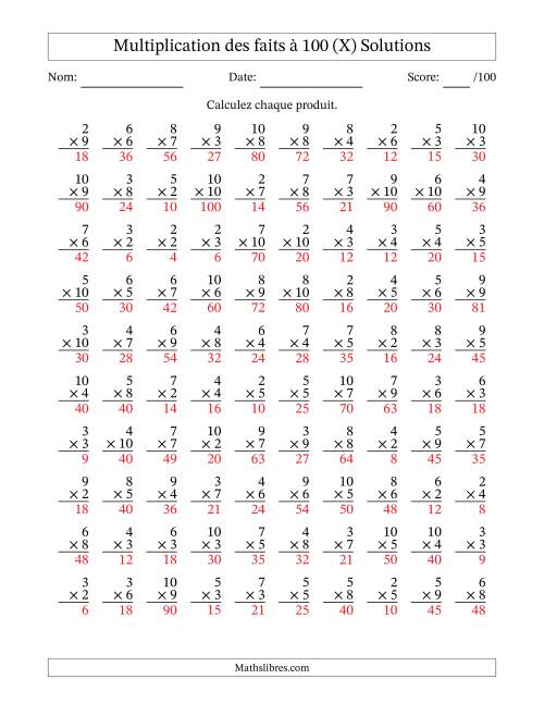 Multiplication des faits à 100 (100 Questions) (Pas de zéros ni de uns) (X) page 2