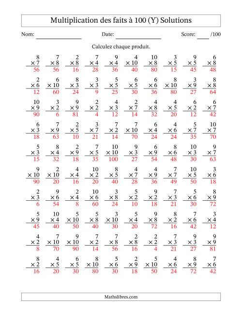 Multiplication des faits à 100 (100 Questions) (Pas de zéros ni de uns) (Y) page 2