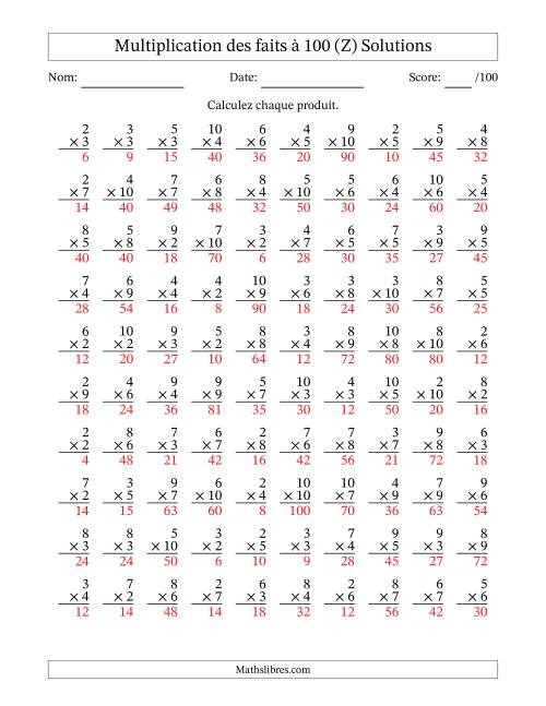 Multiplication des faits à 100 (100 Questions) (Pas de zéros ni de uns) (Z) page 2