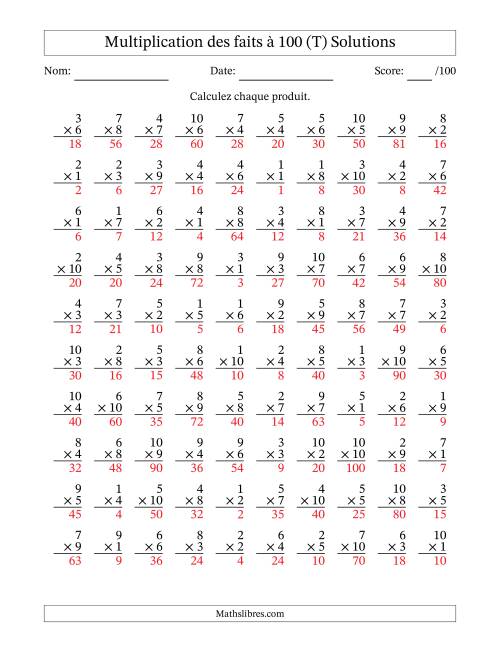 Multiplication des faits à 100 (100 Questions) (Pas de zéros) (T) page 2