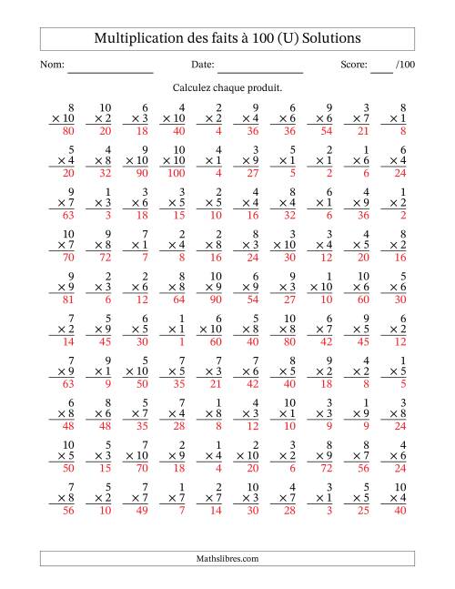 Multiplication des faits à 100 (100 Questions) (Pas de zéros) (U) page 2