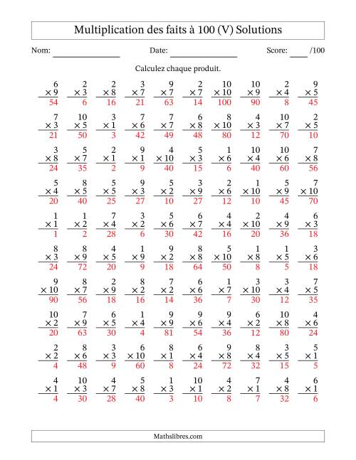 Multiplication des faits à 100 (100 Questions) (Pas de zéros) (V) page 2