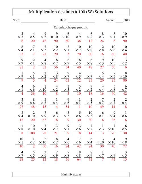 Multiplication des faits à 100 (100 Questions) (Pas de zéros) (W) page 2