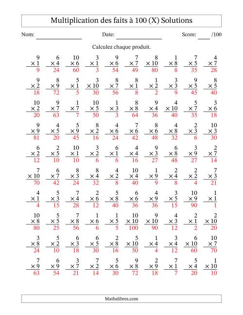 Multiplication des faits à 100 (100 Questions) (Pas de zéros) (X) page 2