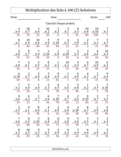 Multiplication des faits à 100 (100 Questions) (Pas de zéros) (Z) page 2