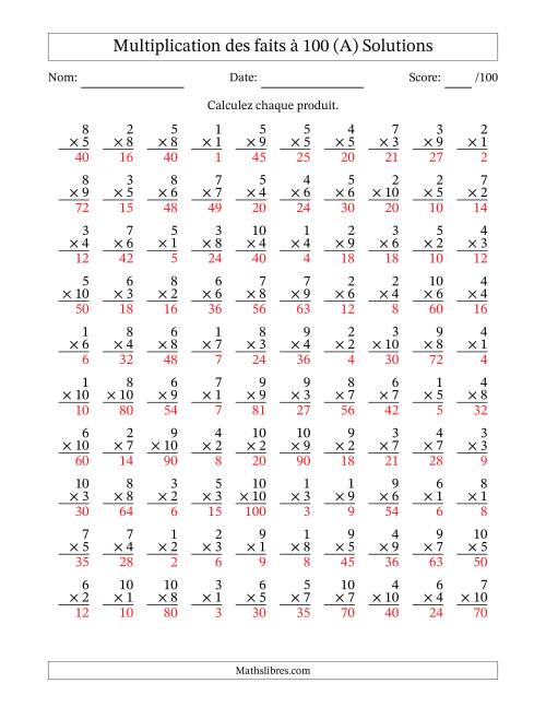 Multiplication des faits à 100 (100 Questions) (Pas de zéros) (Tout) page 2