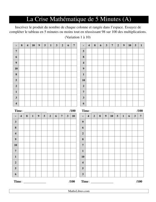 « La Crise Mathématique » de 5 Minutes -- 4 grilles par page (Variation 1 à 10) (A)