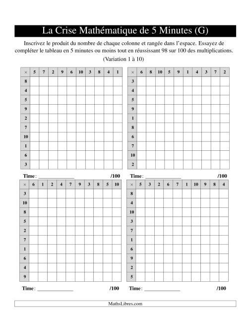 « La Crise Mathématique » de 5 Minutes -- 4 grilles par page (Variation 1 à 10) (G)