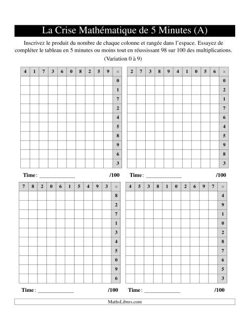 « La Crise Mathématique » de 5 Minutes -- 4 grilles par page (Variation 0 à 9) (Version gauche) (A)