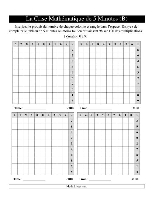 « La Crise Mathématique » de 5 Minutes -- 4 grilles par page (Variation 0 à 9) (Version gauche) (B)