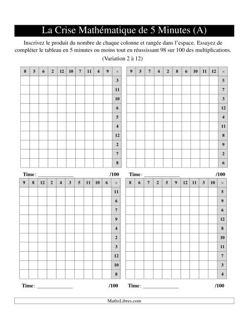 « La Crise Mathématique » de 5 Minutes -- 4 grilles par page (Variation 2 à 12) (Version gauche) (A)