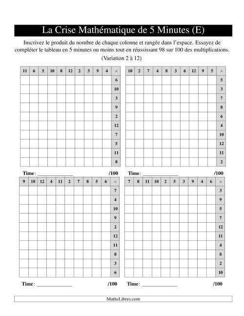 « La Crise Mathématique » de 5 Minutes -- 4 grilles par page (Variation 2 à 12) (Version gauche) (E)