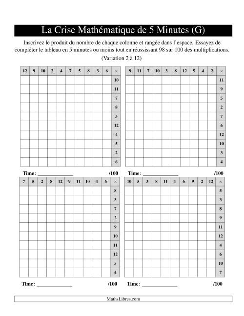 « La Crise Mathématique » de 5 Minutes -- 4 grilles par page (Variation 2 à 12) (Version gauche) (G)