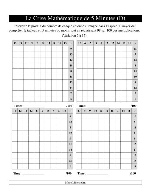 « La Crise Mathématique » de 5 Minutes -- 4 grilles par page (Variation 5 à 15) (Version gauche) (D)