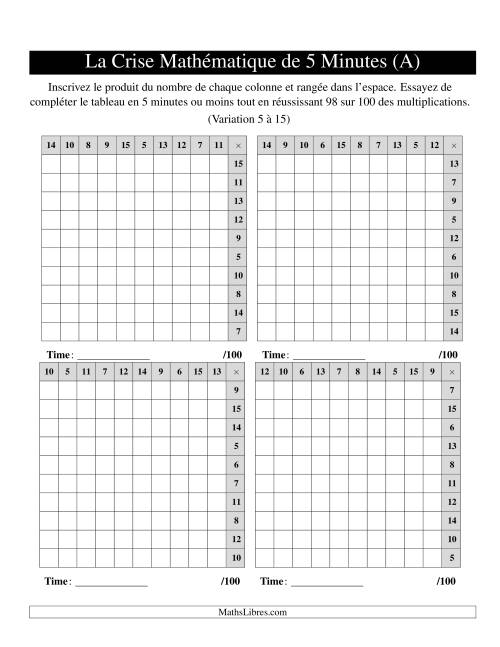 « La Crise Mathématique » de 5 Minutes -- 4 grilles par page (Variation 5 à 15) (Version gauche) (Tout)