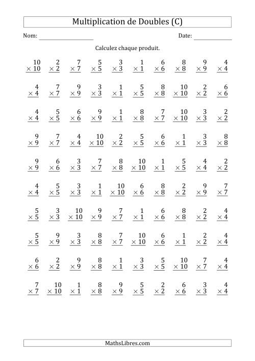 Multiplication de Doubles de 1 à 100 avec 100 Questions Par Page (C)