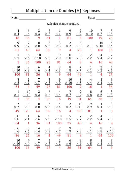 Multiplication de Doubles de 1 à 100 avec 100 Questions Par Page (H) page 2