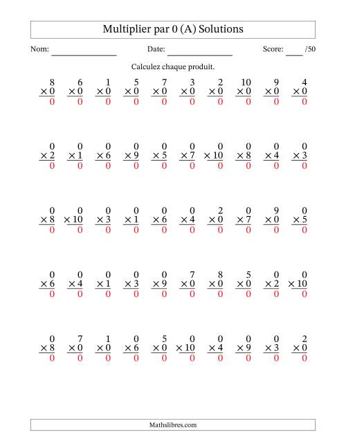 Multiplier (1 à 10) par 0 (50 Questions) (A) page 2
