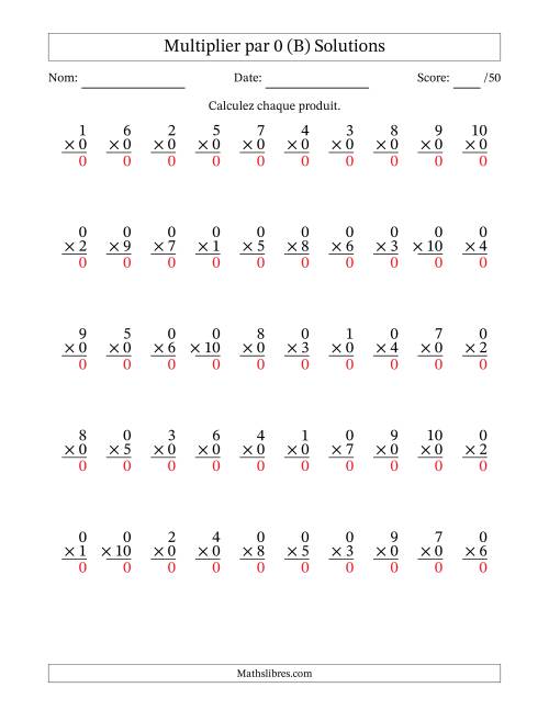 Multiplier (1 à 10) par 0 (50 Questions) (B) page 2