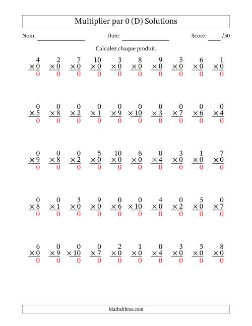 Multiplier (1 à 10) par 0 (50 Questions) (D) page 2