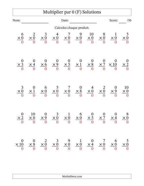 Multiplier (1 à 10) par 0 (50 Questions) (F) page 2