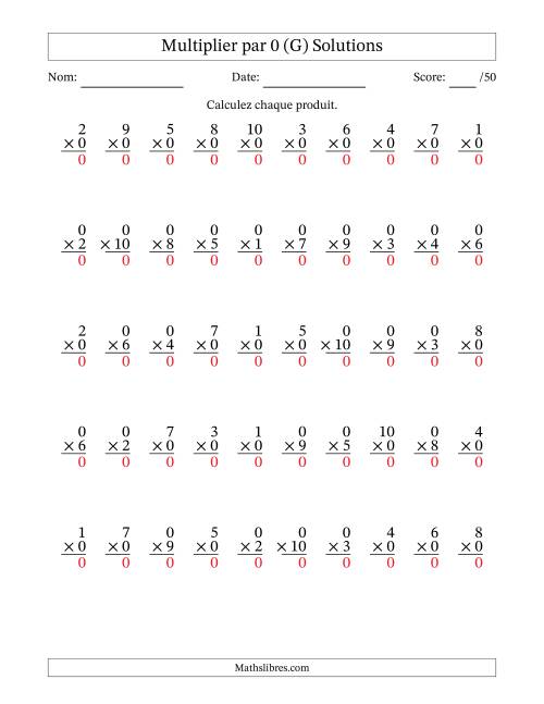 Multiplier (1 à 10) par 0 (50 Questions) (G) page 2
