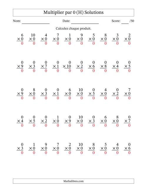 Multiplier (1 à 10) par 0 (50 Questions) (H) page 2